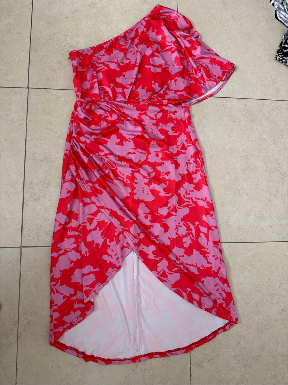 One-Shoulder Red and Pink Floral Wrap Dress